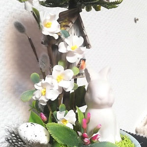 Tojásfa fehér virágokkal és nyuszival - ünnepi díszek, dekorációk - húsvéti díszek és dekorációk - húsvéti asztaldíszek - Meska.hu