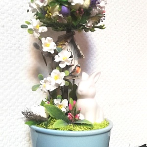 Tojásfa fehér virágokkal és nyuszival - ünnepi díszek, dekorációk - húsvéti díszek és dekorációk - húsvéti asztaldíszek - Meska.hu