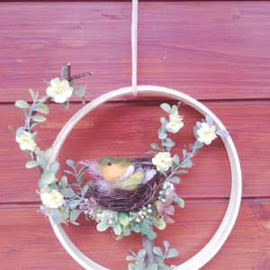 Tavaszi ajtódísz madárkával, Ünnepi díszek, dekorációk, Húsvéti díszek és dekorációk, Húsvéti ajtódísz, kopogtató, Mindenmás, Virágkötés, MESKA