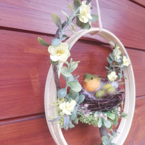 Tavaszi ajtódísz madárkával - ünnepi díszek, dekorációk - húsvéti díszek és dekorációk - húsvéti ajtódísz, kopogtató - Meska.hu