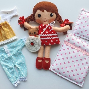 Pöttyös Panni- öltöztethető textilbaba kis macival és kiegészítőkkel (Hasonló rendelhető!) - játék & sport - baba & babaház - öltöztethető baba - Meska.hu