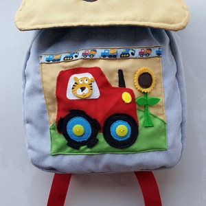 Óvodai hátizsák piros traktorral, tigrissel, napraforgóval- AZONNAL VIHETŐ! - játék & sport - ovis felszerelés - ovis hátizsák - Meska.hu