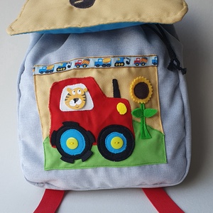 Óvodai hátizsák piros traktorral, tigrissel, napraforgóval- AZONNAL VIHETŐ! - játék & sport - ovis felszerelés - ovis hátizsák - Meska.hu