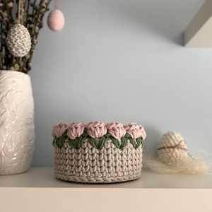 Horgolt tulipános kos�r, Ünnepi díszek, dekorációk, Húsvéti díszek és dekorációk, Húsvéti kosár, Horgolás, MESKA