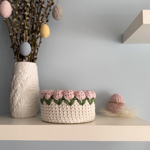 Horgolt tulipános kosár - ünnepi díszek, dekorációk - húsvéti díszek és dekorációk - húsvéti kosár - Meska.hu