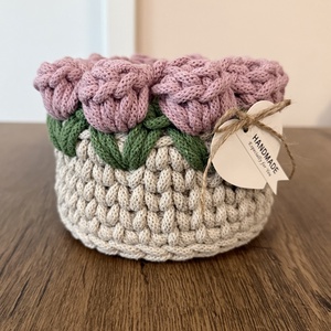 Mini horgolt tulipános kosárka, Otthon & Életmód, Tárolás & Rendszerezés, Tárolókosár, Horgolás, MESKA