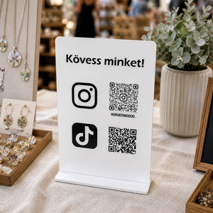 QR-kódos követőgyűjtő asztali tábla kézműveseknek és kisvállalkozóknak - otthon & életmód - dekoráció - asztal és polc dekoráció - gravírozott táblák - Meska.hu