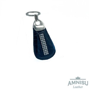 Fekete lakk krokkómintás csepp alakú swarovski köves bőr kulcstartó H8024 - Meska.hu
