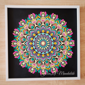 40x40 cm-es farostlemezre festett egyedi mandala vidám, élénk nyári színekben, Otthon & Életmód, Dekoráció, Spiritualitás, Mandala, Festészet, Festett tárgyak, MESKA