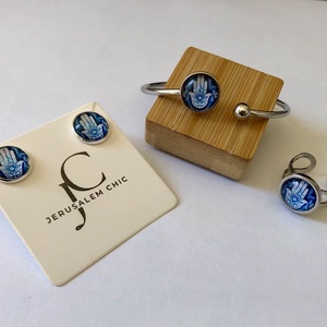 Háromrészes Hamsa ékszerszett � kézzel készült, kék�fehér cabochon, védelmező szimbólum - ékszer - ékszerszett - Meska.hu