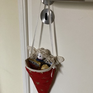 Angyalkás  ajándék tölcsér, Karácsony, Mikulás, Mikulás zsák, Varrás, MESKA