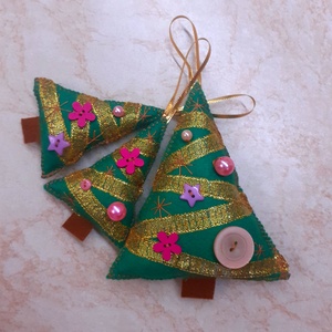 Zöld-arany filc díszek , Karácsony, Karácsonyi lakásdekoráció, Karácsonyfadíszek, Varrás, Patchwork, foltvarrás, MESKA