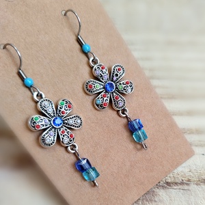 Kék Gyöngyös virágos kézműves fülbevaló - ékszer - fülbevaló - pötty fülbevaló - Meska.hu
