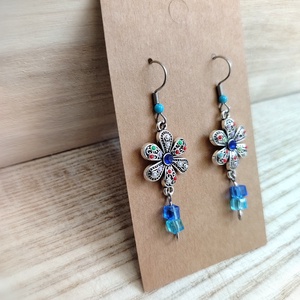 Kék Gyöngyös virágos kézműves fülbevaló - ékszer - fülbevaló - pötty fülbevaló - Meska.hu