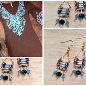 Kék arany Gyöngyös kézműves fülbevaló - ékszer - fülbevaló - csillár fülbevaló - Meska.hu