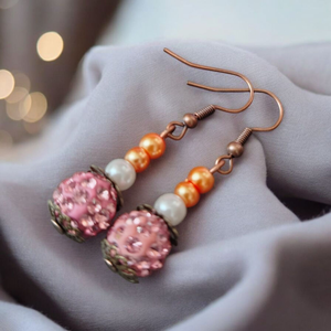 Narancs fehér pink rosegold Gyöngyös kézműves fülbevaló, Ékszer, Fülbevaló, Lógó fülbevaló, Ékszerkészítés, MESKA