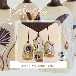 Arany-kék, kalocsai mintás mennyezeti lámpa, Otthon & Életmód, Lámpa, Fali & Mennyezeti lámpa, Festett tárgyak, Üvegművészet, MESKA