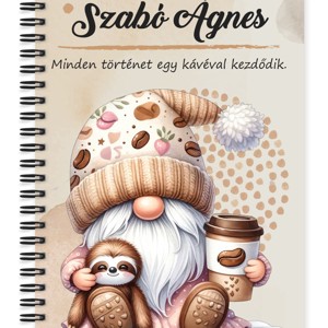 Személyre szabható - Kávés manó cuki lajhárral mintás A6-os füzet, Otthon & Életmód, Papír, írószer, Jegyzetfüzet & Napló, , MESKA