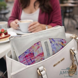 Ekrü - színes mintás egyenes swarovski köves női bőr pénztárca G3001 - táska & tok - pénztárca & más tok - pénztárca - női pénztárca - Meska.hu