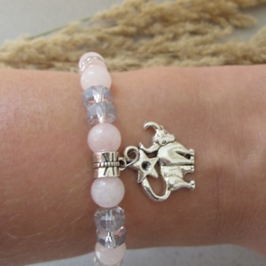 Rózsakvarc karkötő üvegkristállyal, kérhető horoszkóp medállal, kényelmes és vízálló ékszer - ékszer - karkötő - ásványkarkötő - Meska.hu