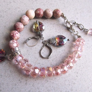 Ragyogó Szív ékszerszett  8 mm matt kő és rózsaszín kristály, karkötő és fülbevaló, Ékszer, Ékszerszett, Ékszerkészítés, MESKA