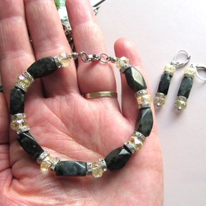 Kézzel készült Jáspis és Sárga Kristály Ékszerszett � Zöld Ásvány Karkötő és Fülbevaló - ékszer - ékszerszett - Meska.hu