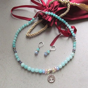 Elegáns amazonit ékszerszett Életfa medállal, Ékszer, Ékszerszett, Ékszerkészítés, MESKA