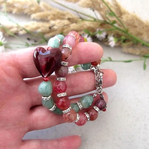 Szívközpont � vörös achát szívvel készült aventurin bohém karkötőszett, Ékszer, Karkötő, Ásványkarkötő, , MESKA