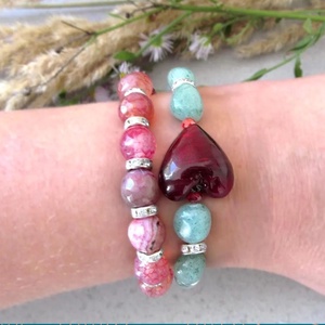 Szívközpont � vörös achát szívvel készült aventurin bohém karkötőszett - ékszer - karkötő - ásványkarkötő - Meska.hu