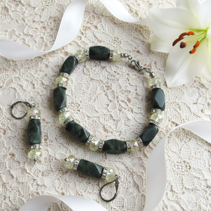 Kézzel készült Jáspis ásvány és Sárga Kristály Ékszerszett � Zöld Ásvány Karkötő és Fülbevaló - ékszer - ékszerszett - Meska.hu