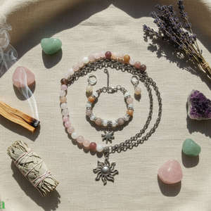 Kvarc ékszerszett � pasztell ásvány nyaklánc, karkötő és fülbevaló napmedállal - ékszer - ékszerszett - Meska.hu
