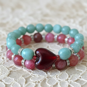 Szívközpont � vörös achát szívvel készült aventurin bohém karkötőszett - Meska.hu