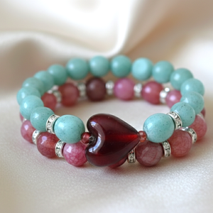 Szívközpont � vörös achát szívvel készült aventurin bohém karkötőszett, Ékszer, Karkötő, Ásványkarkötő, , MESKA