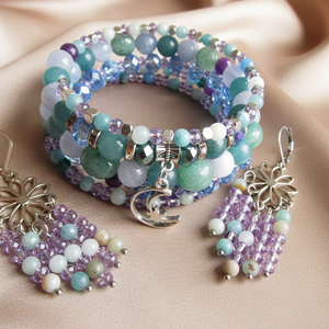 Aventurin, Akvamarin, Ametiszt és Kalcedon � Holdfény Álma 5 soros Memóriadrótos Karkötő és Fülbevaló Szett, Ékszer, Karkötő, Ásványkarkötő, Ékszerkészítés, MESKA