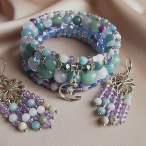Aventurin, Akvamarin, Ametiszt és Kalcedon � Holdfény Álma 5 soros Memóriadrótos Karkötő és Fülbevaló Szett, Ékszer, Karkötő, Ásványkarkötő, Ékszerkészítés, MESKA
