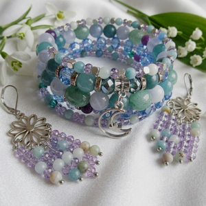 Aventurin, Akvamarin, Ametiszt és Kalcedon � Holdfény Álma 5 soros Memóriadrótos Karkötő és Fülbevaló Szett, Ékszer, Karkötő, Ásványkarkötő, Ékszerkészítés, MESKA