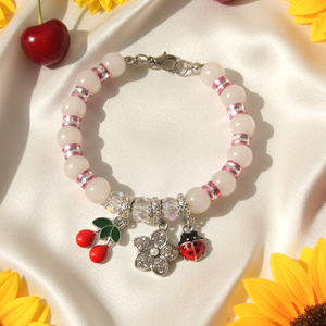 Rózsakvarc karkötő - Cseresznyés Katicás Virágos egyedi ásványékszer - Meska.hu