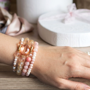 Elegáns Kvarc, Jade és Szelenit Memóriadrótos Karkötő � Barack és Pink Ragyogás - ékszer - karkötő - ásványkarkötő - Meska.hu