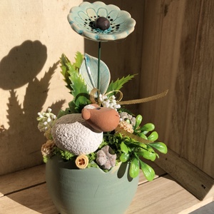 Türkiz mázas kerámiavirág barival tavaszi asztaldísz, Otthon & Életmód, Virágdekoráció, Virágdíszek, Virágdísz kaspóban, Festett tárgyak, Kerámia, MESKA