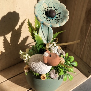 Türkiz mázas kerámiavirág barival tavaszi asztaldísz - otthon & életmód - virágdekoráció - virágdíszek - virágdísz kaspóban - Meska.hu