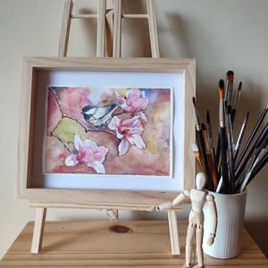 Barátcinege magnólia ágon - akvarell illusztráció papíron, Művészet, Festmény, Akvarell, Festészet, Fotó, grafika, rajz, illusztráció, MESKA