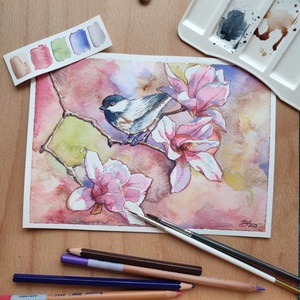 Barátcinege magnólia ágon - akvarell illusztráció papíron - művészet - festmény - akvarell - Meska.hu