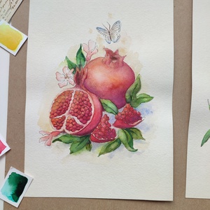 Gránátalma és pillangó - akvarell illusztráció papíron - művészet - festmény - akvarell - Meska.hu