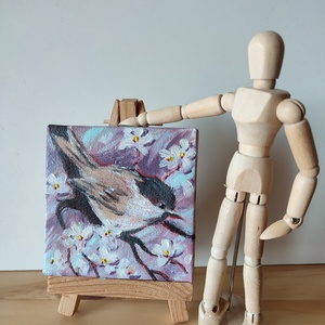 Barátcinege virágzó faágon - Mini akril festmény feszített vásznon - Meska.hu