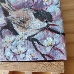 Barátcinege virágzó faágon - Mini akril festmény feszített vásznon - művészet - festmény - akril - Meska.hu