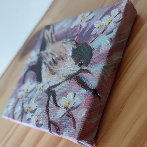 Barátcinege virágzó faágon - Mini akril festmény feszített vásznon - művészet - festmény - akril - Meska.hu