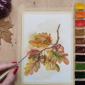 Őszi tölgyfa ág - akvarell festmény papíron - művészet - festmény - akvarell - Meska.hu