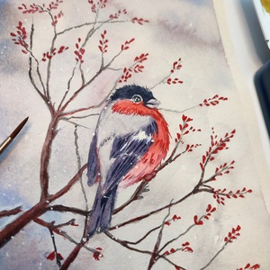 Süvöltő téli ágon - akvarell festmény papíron - művészet - festmény - akvarell - Meska.hu