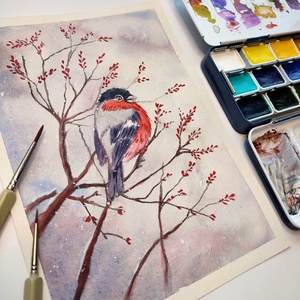 Süvöltő téli ágon - akvarell festmény papíron - művészet - festmény - akvarell - Meska.hu