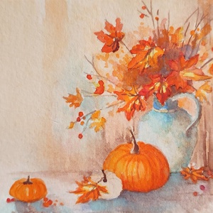 Eredeti akvarell őszi csendélet képeslap festmény, Művészet, Festmény, Akvarell, Festészet, MESKA